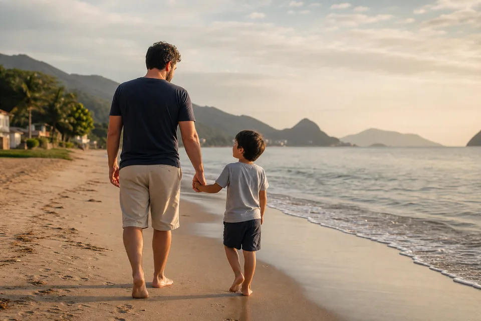 Pai e filho caminhando juntos na praia