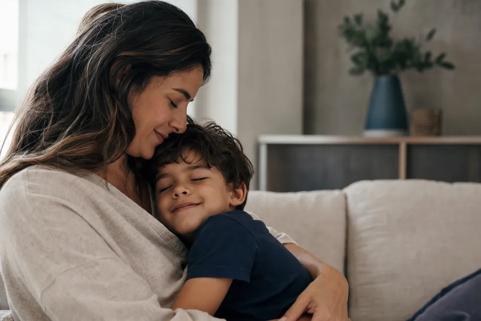 Mãe abraçando o filho em ambiente acolhedor