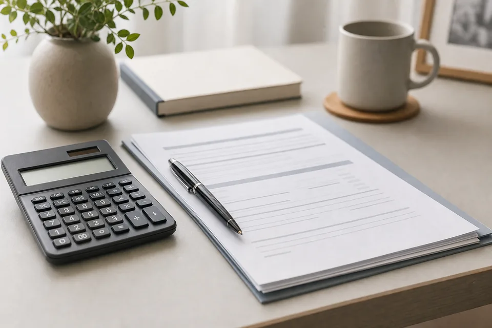 Calculadora, caneta e documentos organizados